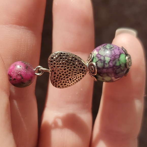 New Rainbow Jasper & Ruby In Fuchsite Ball Silver Heart Pendant. - Picture 12 of 12